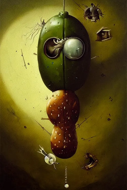 Image similar to hieronymus bosch, greg rutkowski, anna podedworna, painting of a pickle in a suit and eye with an eyepatch