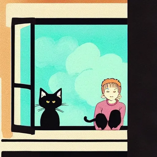 Image similar to “studio ghibli style illustration of a black cat sleeping on a window next to a blonde girl”