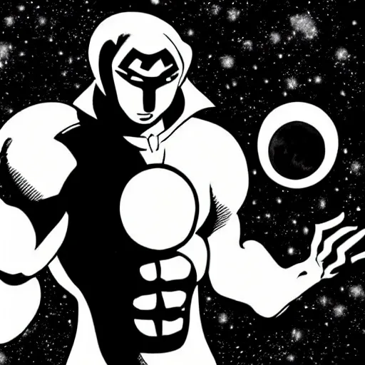 Prompt: comic White Lantern in black and white uniform in space standing infront of the moon,