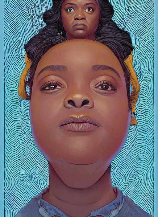 Image similar to poster artwork by Michael Whelan and James Jean, of Octavia Spencer has a voice in her head, reality is a labyrinth, psychological thriller from scene from Twin Peaks, clean, simple illustration, nostalgic, domestic, full of details