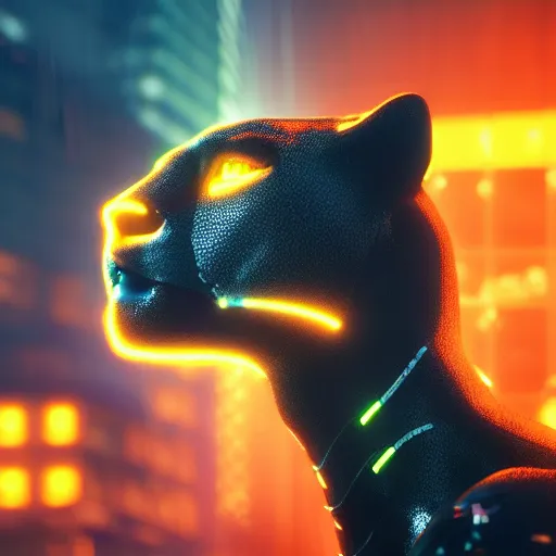 Image similar to profile shot of a neon cybernetic cheetah, city lights, strong bokeh, dramatic, cinematic, high contrast, artstation, octane render, 4k