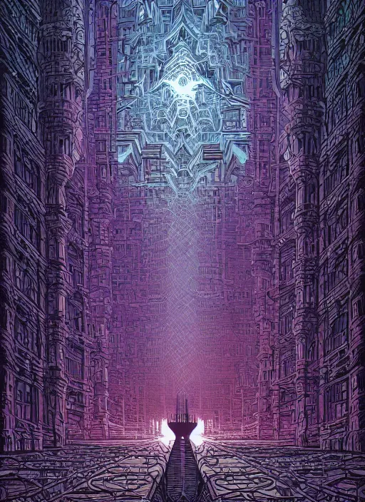 Prompt: a dark fractal fortress by dan mumford
