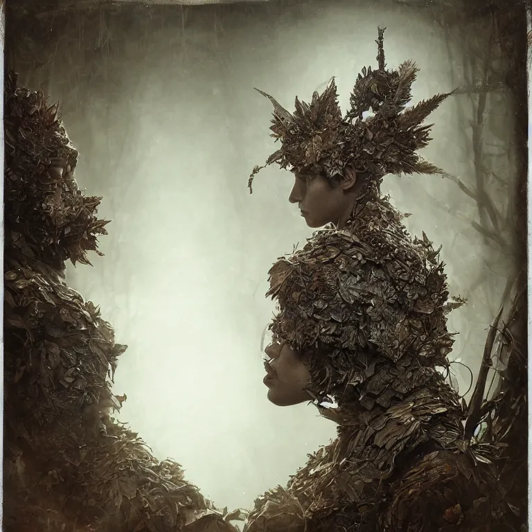 Image similar to dusted tintype portrait of realistic armour made of leaves, seen from behind dramatic light, dystopian environment, intricate, elegant, highly detailed, centered headdress, artstation, sharp focus, artgerm, tomasz alen kopera, peter mohrbacher, donato giancola, joseph christian leyendecker, wlop, boris vallejo, frank frazetta