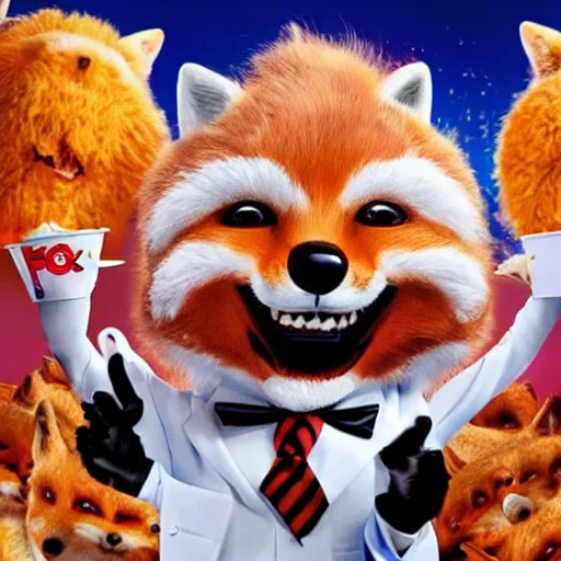 Image similar to comedy movie poster featuring an anthropomorphic fox wearing a white suit, fried chicken in the background, promotional media