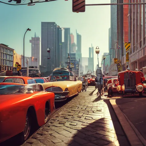 Image similar to street scene, retro futuristic vintage shiny polished traffic mainly cars and motorcycles, volumetric lighting, beautiful, day time, spring, sunny weather, sharp focus, highly detailed, photorealistic, 4 0 0 0 k, f 1. 4, cgsociety
