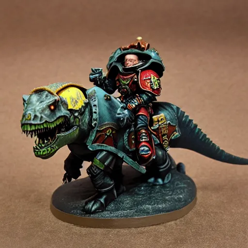 Prompt: 8 0 mm resin detailed miniature of a warhammer 4 0 k space marine riding a dinosaur, product introduction photos, 4 k, full body, hyper detailed,