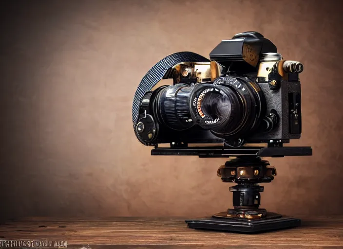 Image similar to a steampunk dslr camera on a wooden table, tubes, dials, studio light, edge lit, detailed, product photography