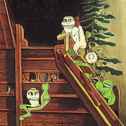 Image similar to pesta i trappen by theodor severin kittelsen, pepe the frog