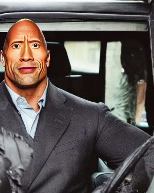 Prompt: film still close - up shot of dwayne johnson as a london cab driver. photographic, photography