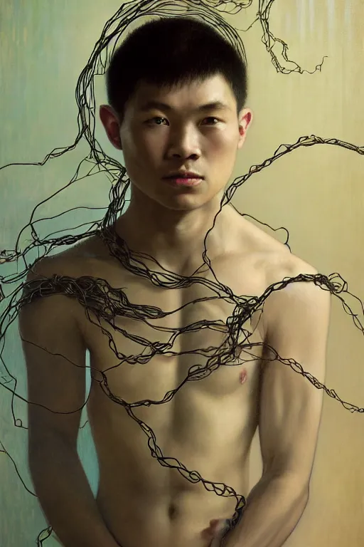 Prompt: hyperrealist portrait of elijah zu bailey, it is decorated with long wires that fall like vines and wears small computers over their body. by jeremy mann and alphonse mucha, fantasy art, photo realistic, dynamic lighting, artstation, poster, volumetric lighting, very detailed faces, 4 k, award winning