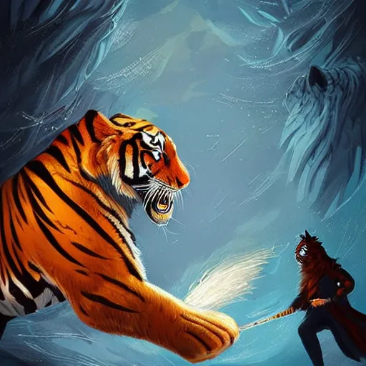 Prompt: A Wizard battling a Tiger, digital art, masterpiece; trending on ArtStation; by MotG digital painting by R.J. Palmer; by Anato Finnstark