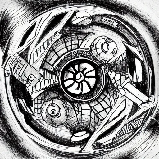 Prompt: heavy armor battle tank painted in white and black yin - yang dao symbol firing at dystopia, cosmos backdrop, detailed pencil drawing escher style xenopunk alien aesthetics