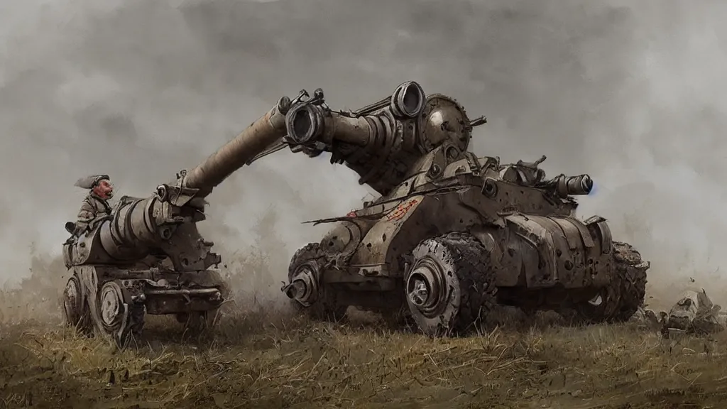 Prompt: realistic looking howitzer cannon, watercolored, jakub rozalski, dark colours, dieselpunk, artstation