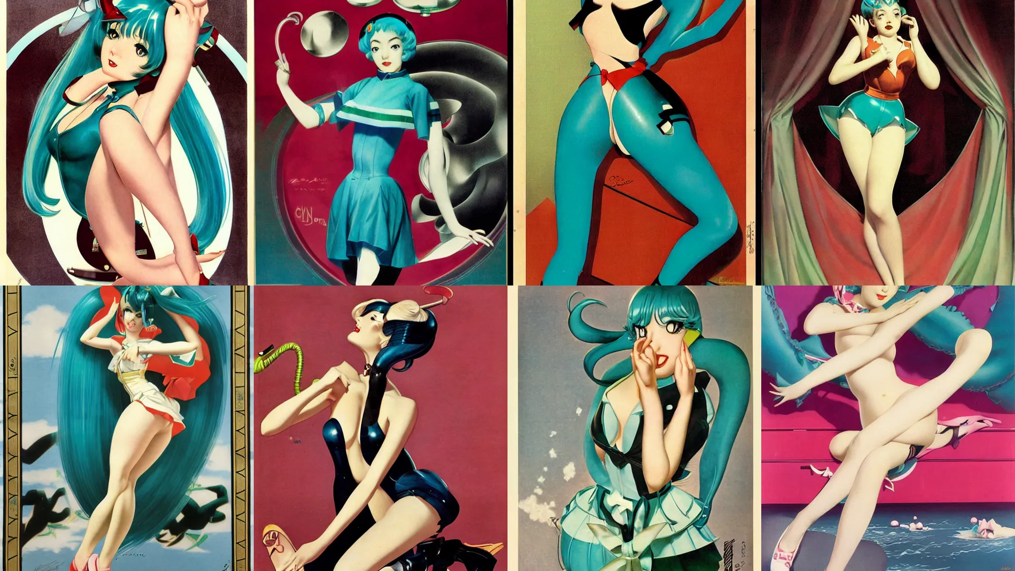 Prompt: Hatsune miku by Alberto Vargas, Earl Moran, Gil Elvgren, Art Frahm, Enoch Bolles