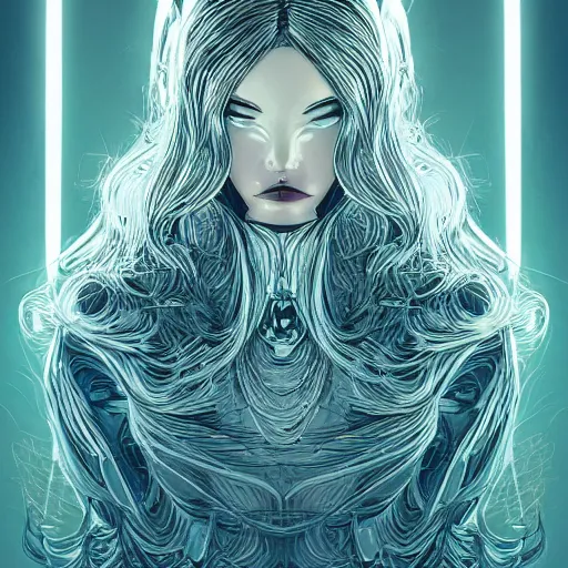 Image similar to gold and silver tones, cybernetic princess, style of moebius, james jean, mcbess, long glowing ethereal hair, cinematic, highly detailed, award winning, 8 k photorealistic