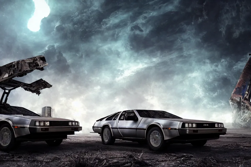 Image similar to delorean dmc 5 next to ancient space ship wreck horror, dark cinematic, volumetric, realistic, 3 d render, realistic render, cinematic lighting, volumetric lighting, atmospheric, cinematic, unreal engine, unreal engine render, octane render, hd, photorealism, hyper realistic, photo, 8 k