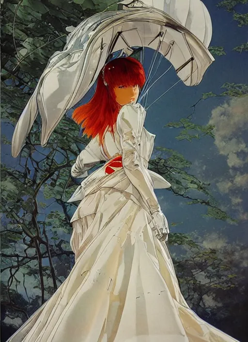 Image similar to a low angle copic maker art nouveau portrait of asuka langley detailed features wearing a puffy futuristic wedding dress designed by balenciaga by john berkey, norman rockwell akihiko yoshida