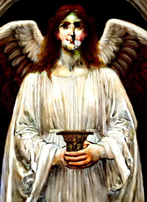 Image similar to portrait of beautiful archangel in white robes, pre - raphaelite painting by john william waterhouse, trending on art station. highly detailed, symmetrical face.