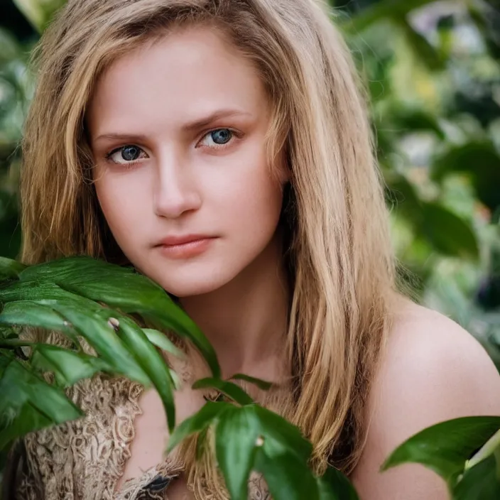 Prompt: portrait photograph of an extremely beautiful!!!! young female , symmetric face!, symmetric round detailed eyes!!, slight smile, natural light, wearing a intricate dress!! Blond hair. Bright green eyes. in a tropical lush greenhouse. looking at the camera!!. super resolution. Extremely detailed. Graflex camera!, bokeh!!!!! trending on artstation.
