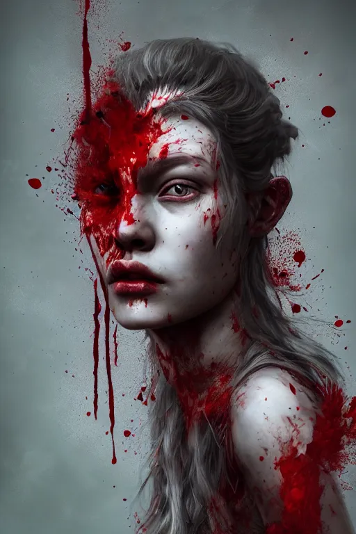 Image similar to photorealistic portrait of a viking girl roaring with blood splattered on her by ayami kojima and ewelina kowalczyk and alessio albi, trending on artstation