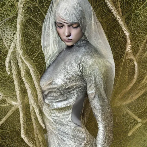 Image similar to a highly detailed ethereal full body shot, digital image of a silver covered elegantly posed futuristic woman beautifully cocooned in chromatic leafy foliage like leaves shot, full body shot, by Andrew Chiampo, artstation, and Frederik Heyman, extremely detailed woman, stunning volumetric lighting, intricate details, hyper realism, fantasy, textured, stylized, 4k,