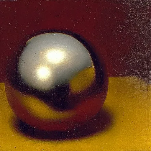 Prompt: chrome spheres on a red cube by jan lievens