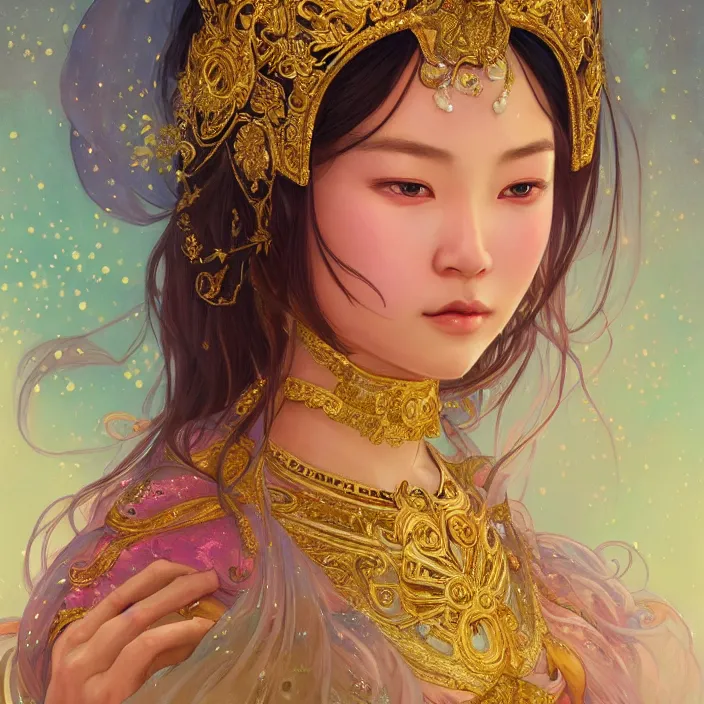 Image similar to asian princess with sparkling eyes, full body portrait, highly detailed, gold filigree, fantasy, soft cinematic lighting, award, disney concept art, watercolor illustration by mandy jurgens and alphonse mucha and alena aenami, pastel color palette, featured on artstation