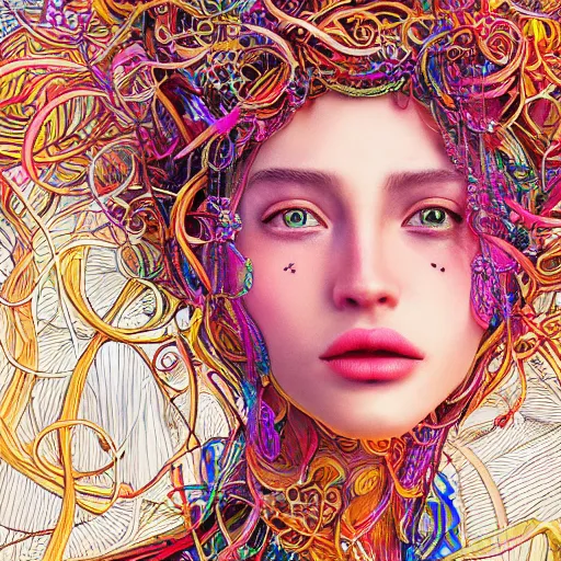 Image similar to the portrait of a ridiculously beautiful and elegant woman partially made of onion rings of all colors, an ultrafine detailed illustration by james jean, final fantasy, intricate linework, bright colors, behance contest winner, vanitas, angular, altermodern, unreal engine 5 highly rendered, global illumination, radiant light, detailed and intricate environment