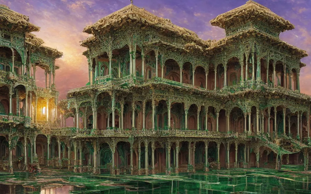 Prompt: a detailed oil painting of an intricate, ornate arabian nights palace made of green, polished semiprecious malachite marble and jade, hyper detailed, hd, artstation, beautiful sunrise lighting, by john williams waterhouse, thomas kincade, michael whelan and donato giancola