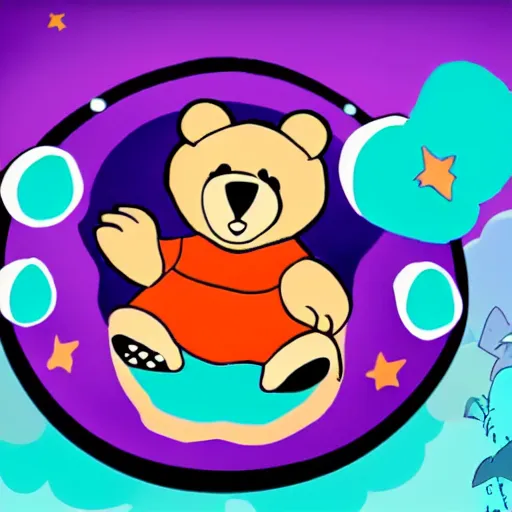 Image similar to cartoon animated bear wearing clothes being launched out of a futuristic machine into a purple and orange cloud land