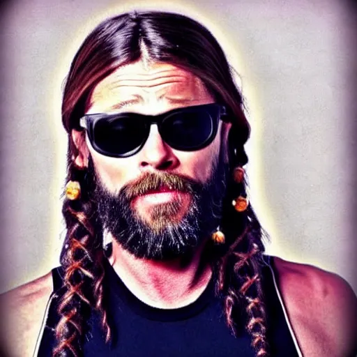 Prompt: photo of 3 9 - year - old french bearded long - haired yoga punk singer wearing wraparound sunglasses. he also works as a commercial model and actor. looks like brad pitt. performing standup comedy in the style of steve martin