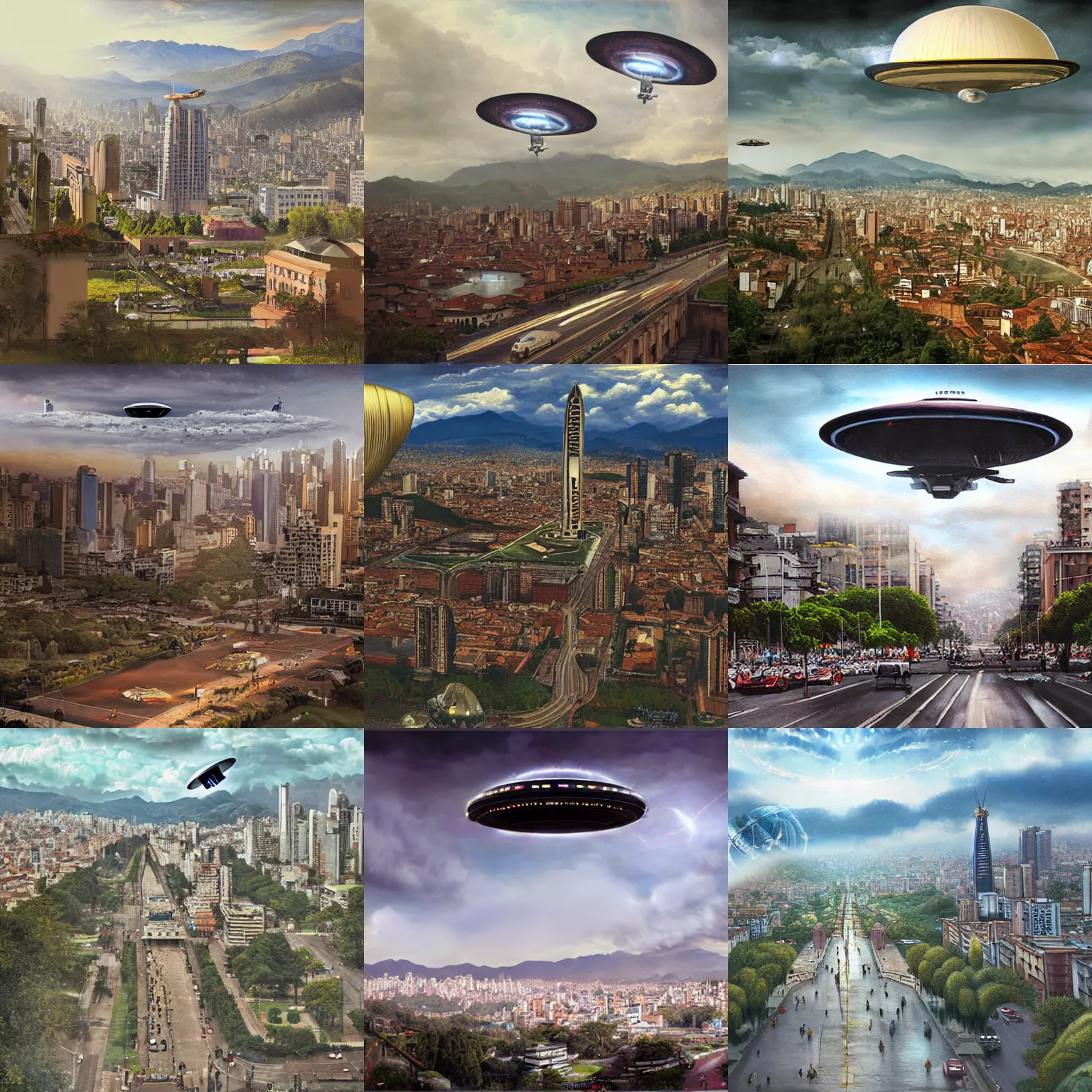 Prompt: a UFO invading Bogota (city), realistic painting, classical painting, high definition, digital art, matte painting, very detailed, realistic