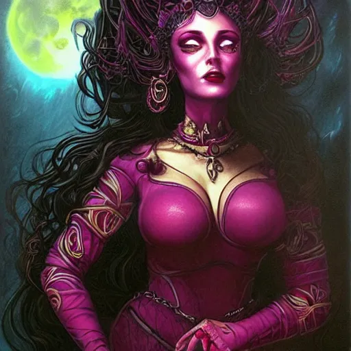 Image similar to portrait of princess of the dreamlands and moon beast, beautiful! coherent! by brom, deep colors, red maroon purple pink black, strong lines, rule of thirds