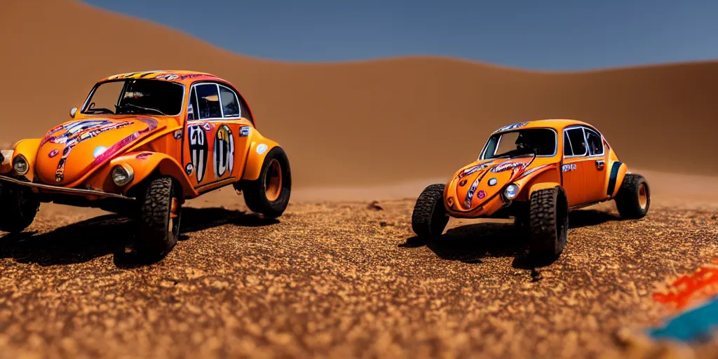Image similar to Hot Wheels, VW BAJA BUG, cinematic, Maxxis, 8k, depth of field, mexican desert, bokeh, DAKAR.
