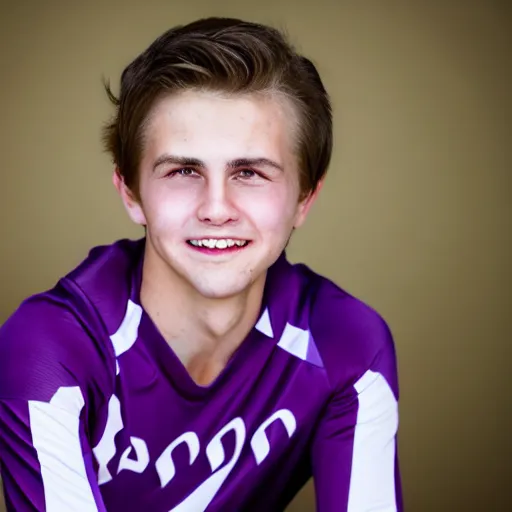 Image similar to photographic portrait by Annie Leibovitz of a young white male smiling with short brown hair that sticks up in the front, dark eyes, groomed eyebrows, tapered hairline, sharp jawline, wearing a purple white volleyball jersey, sigma 85mm f/1.4, 15mm, 35mm, 4k, high resolution, 4k, 8k, hd, full color