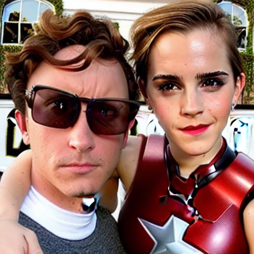 Image similar to a selfie of emma watson with ironman