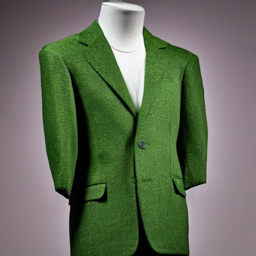 Prompt: a beautiful suit made out of moss, on a mannequin. studio lighting, high quality, high resolution