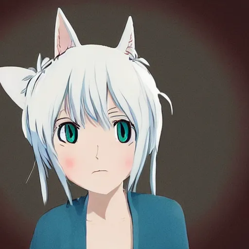 Prompt: white hair anime girl with cat ear, Ghibli studio, cute, cinema, Spirited Away