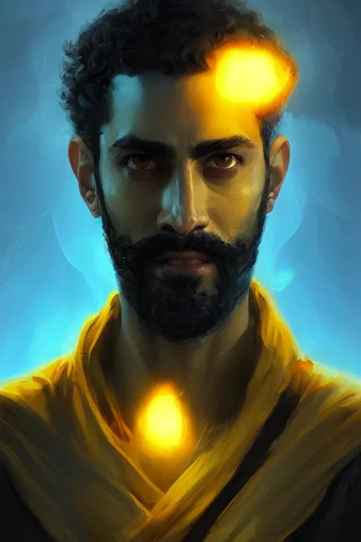 Image similar to Arab man light beard, curly hair, swordsman, modern, hero, yellow and charcoal leather, glowing blue eyes!! highly detailed, digital painting, artstation, concept art, sharp focus, illustration, by greg rutkowski