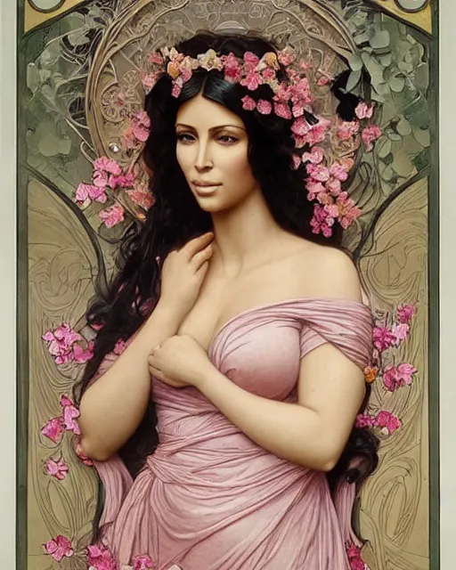 Prompt: an art nouveau portrait painting of a shy, blushing, kim kardashian as a princess lying among flower petals, hair fanned around, intricate, elegant, highly detailed, artstation, concept art, by krenz cushart and donato giancola and william adolph bouguereau and alphonse mucha