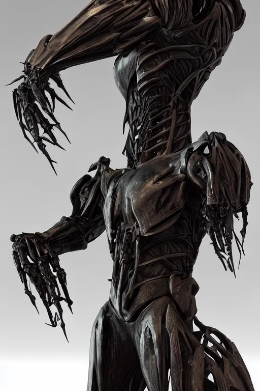 Prompt: demon knight in scifi military obsidian armor exoskeleton but muscular body posing in cosmos, octane render, 4k, hardsurface, scifi, zbrush clay sculpture, Simon Lee, artstation 3D, unreal 4, ue4 ue5, high poly, highly detailed, thorns biomechanical environment with exposed ribs and teeth, horror medical, film grain, film, cinematic, dof, in focus, bokeh