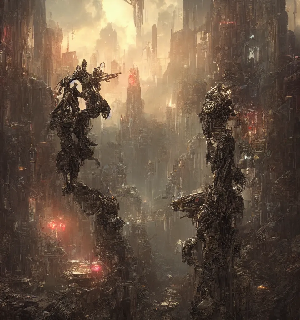 Image similar to cyberpunk gladiator, cinematic, highly detailed, octane render, cg, rich cinematic atmosphere, perfect digital art, mystical journey in strange world, Mystical, cyberpunk, tech war, sci-fi, surreal, glowing lights, sharp focus, high detailed, by Akihiko Yoshida, michael whelan and Karol Bak