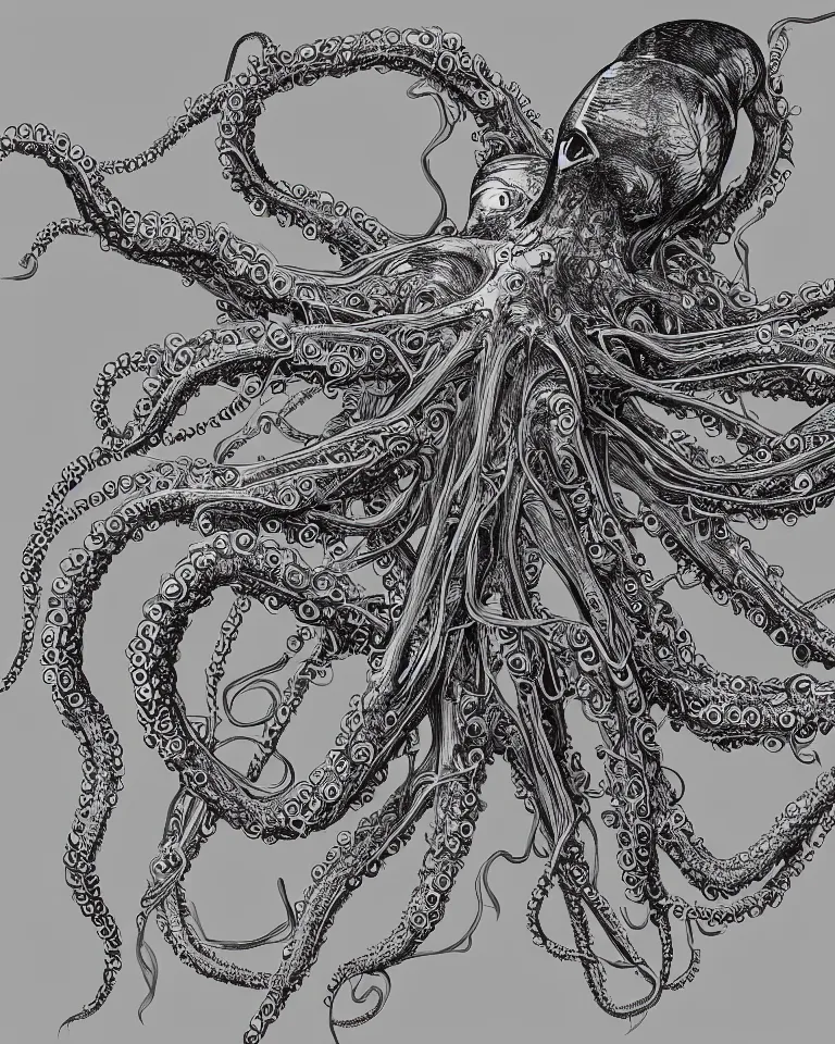 Image similar to a detailed scientific anatomical illustration of an alien cybernetic octopus made of eurorack synthesizers