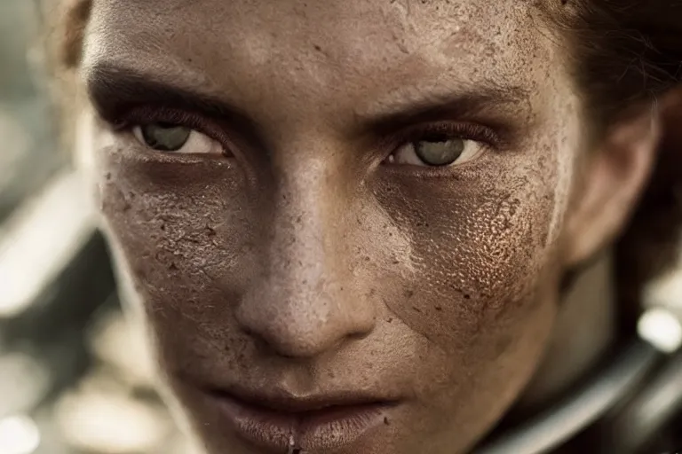 Image similar to VFX movie of a futuristic spacemarine closeup portrait in war zone, beautiful natural skin natural lighting by Emmanuel Lubezki