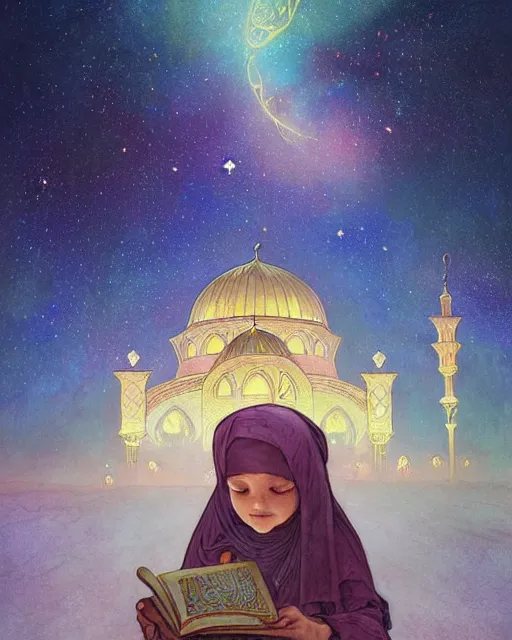 Image similar to bedouin child reading the quran inside of the mosque in the galaxy surrounded by nebula, highly detailed, gold filigree, romantic storybook fantasy, soft cinematic lighting, award, disney concept art watercolor illustration by mandy jurgens and alphonse mucha and alena aenami, pastel color palette, featured on artstation