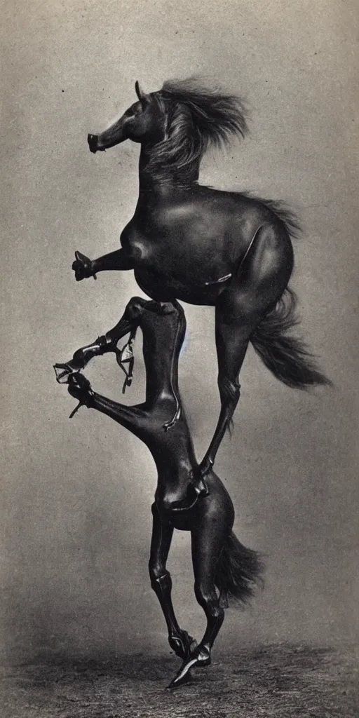 Prompt: [ [ t rex ] ] and a horse with leg high heels, soft, black and white, photograph, 1 8 5 0 s