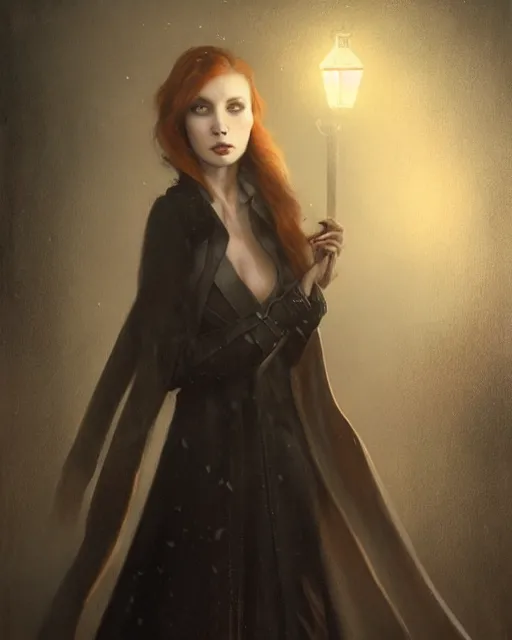 Prompt: A ultradetailed beautiful portrait painting of a mysterious redhaired woman in a trenchcoat walking towards me in a dark alley at night by tom bagshaw concept art, trending on deviantart, illustration, film noire.