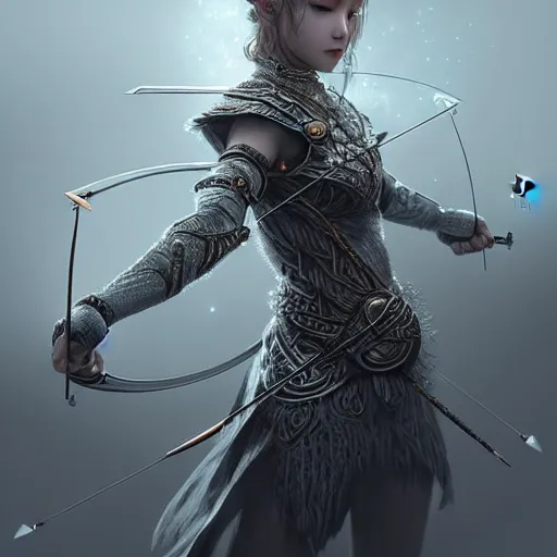 Image similar to beautiful extremely detailed intricate concept art depicting an archer by wlop. shining jewelry. grey atmosphere. particles in the background. bcy. net