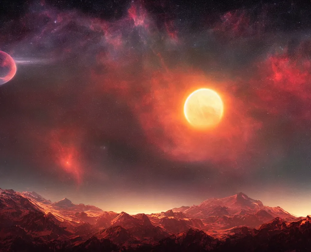 Prompt: A heavily-forested valley surrounded by snow-capped mountains, nighttime, orange gas giant, red nebula, no clouds, sci-fi, photorealistic, landscape