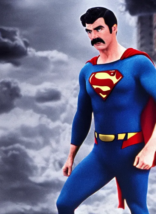 Prompt: film still of tom selleck as superman in superman, 4 k
